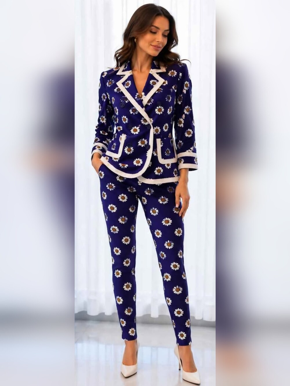 Chic Navy Daisy Print Pant Suit Set | Boutique Statement Blazer & Pants | Size S